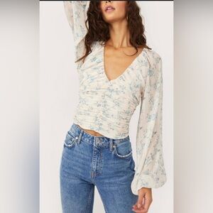 Free People Cream and Blue Floral Blouse